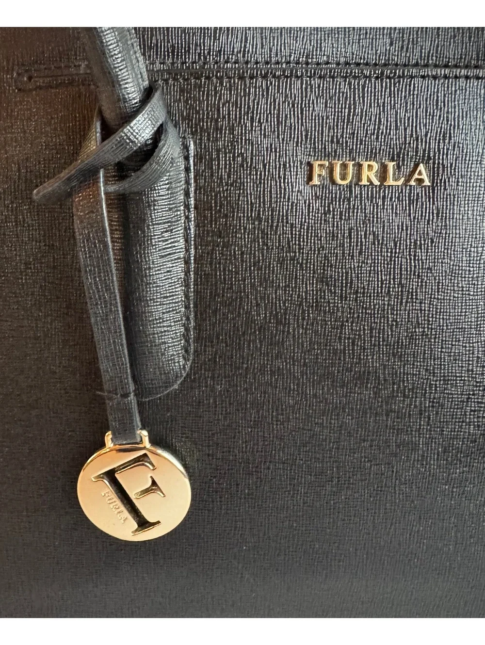 Furla Tessa Large Tote Black Saffiano Leather Gold F Charm Zip Top